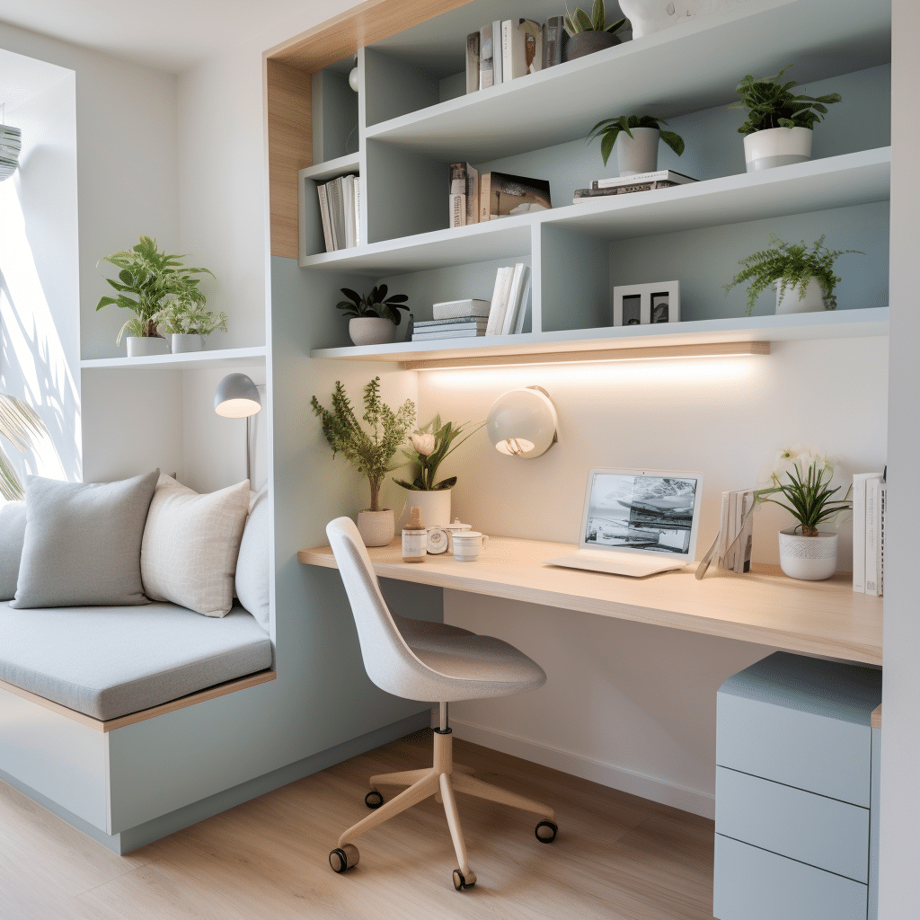 compact office with storage seating